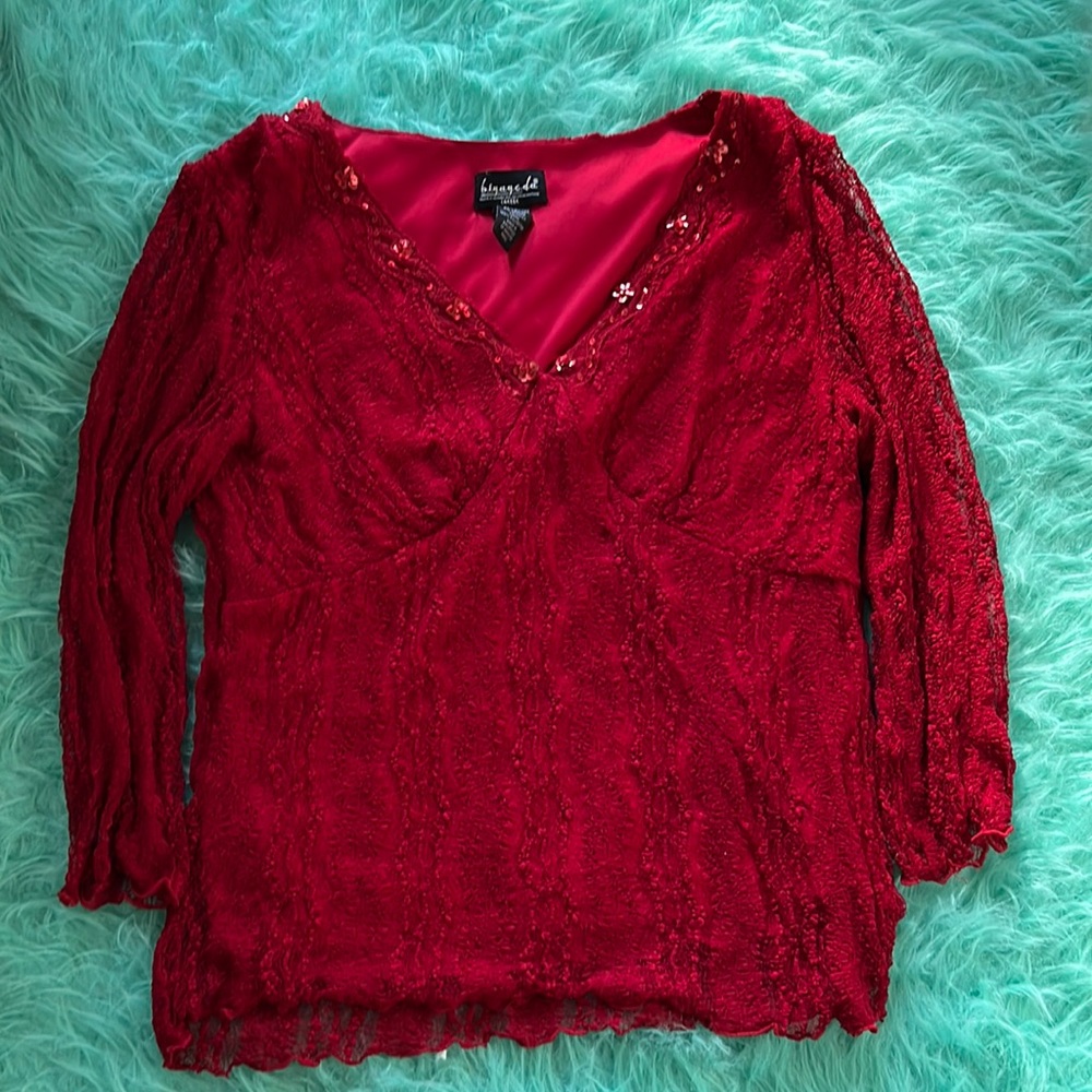 Red v neck lace top with sequins